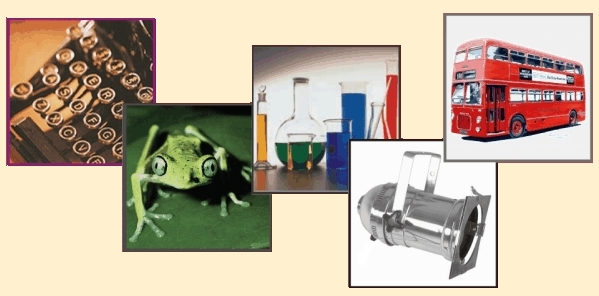 Mosaik: Schreibmaschine, Frosch, Reagenzgläser, Bühnenscheinwerfer, Londoner Doppeldecker-Bus